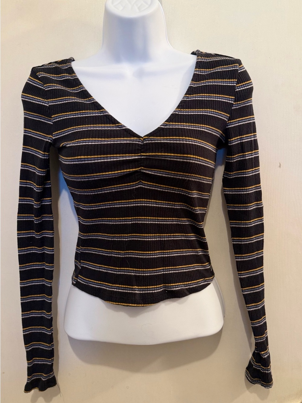 PacSun Black Ribbed Long Sleeve V-Neck Top with Yellow & White Stripes